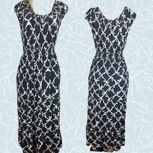 Croft & Barrow M Navy Print Shirred Scoop Neck Ruffle Tier Cap Sleeve Maxi Dress